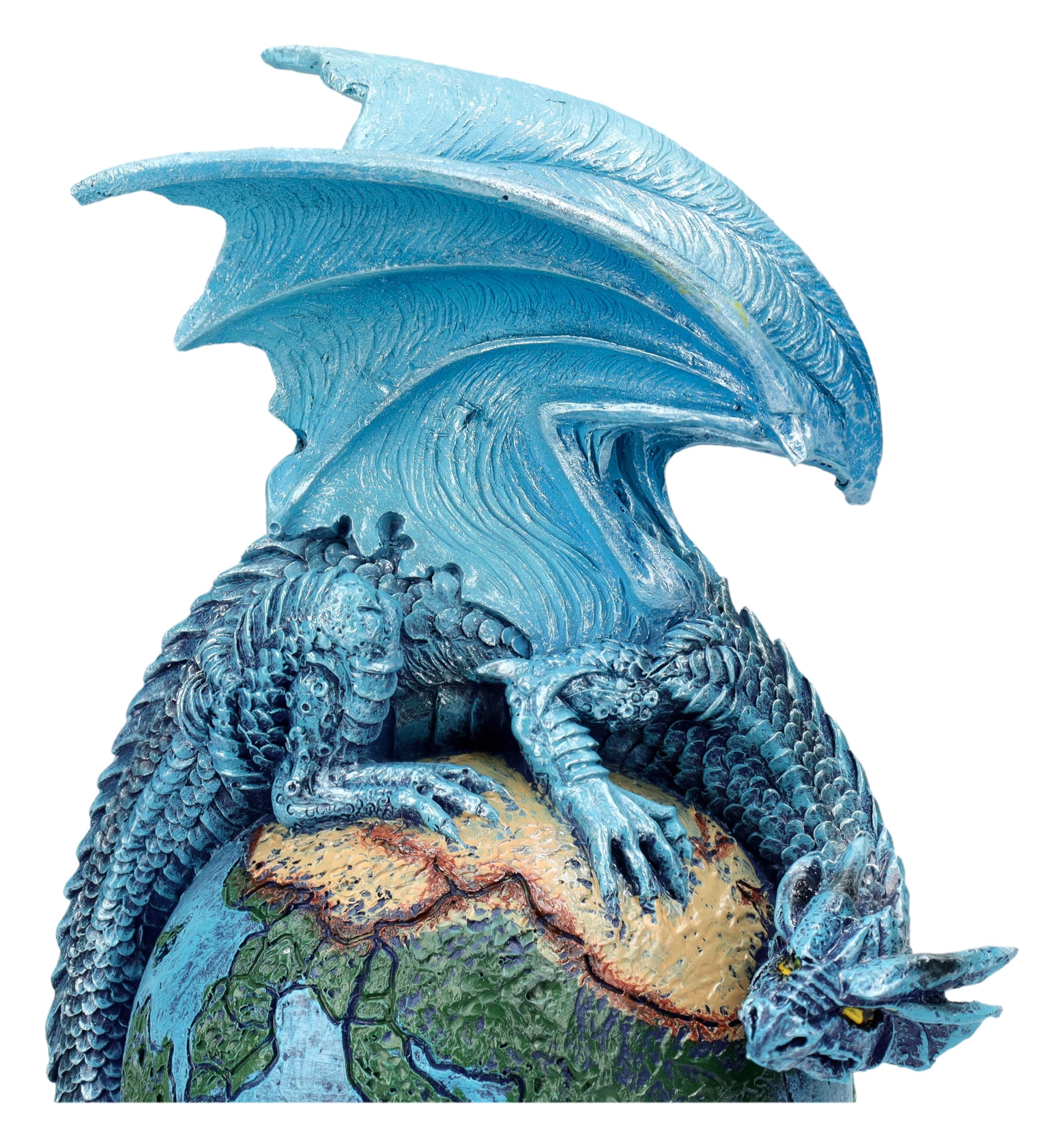 Figuren Shop GmbH Drachenfigur Blauer Planet – Fantasy Dekofigur mit Drache auf Erde, 14,5 cm Höhe