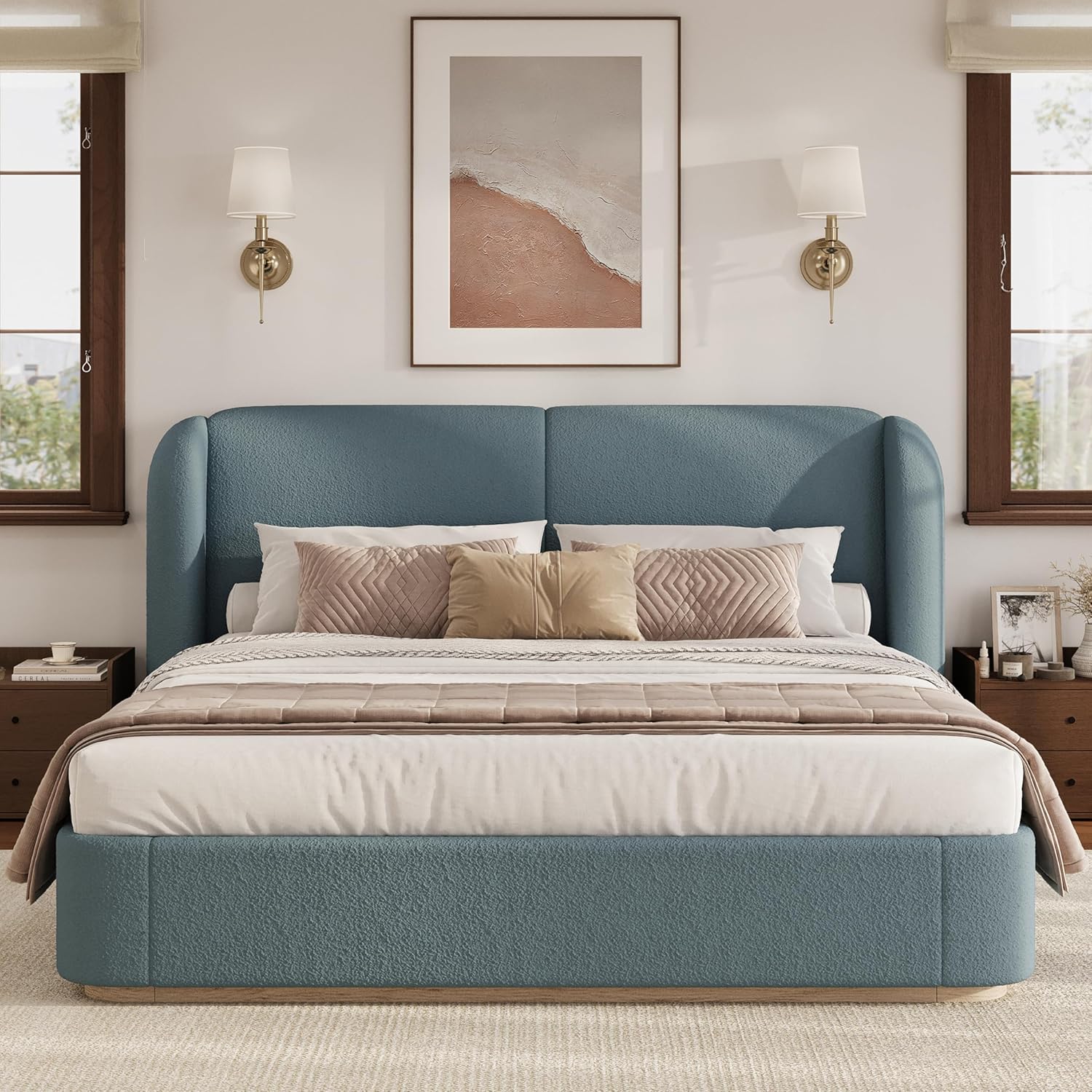 Merax Queen Size Upholstered Boucle Bed Frame, Modern Platform Bed with Double Pillow Headboard, Heavy Duty Wood Slat Support for Bedroom Apartment, Light Blue