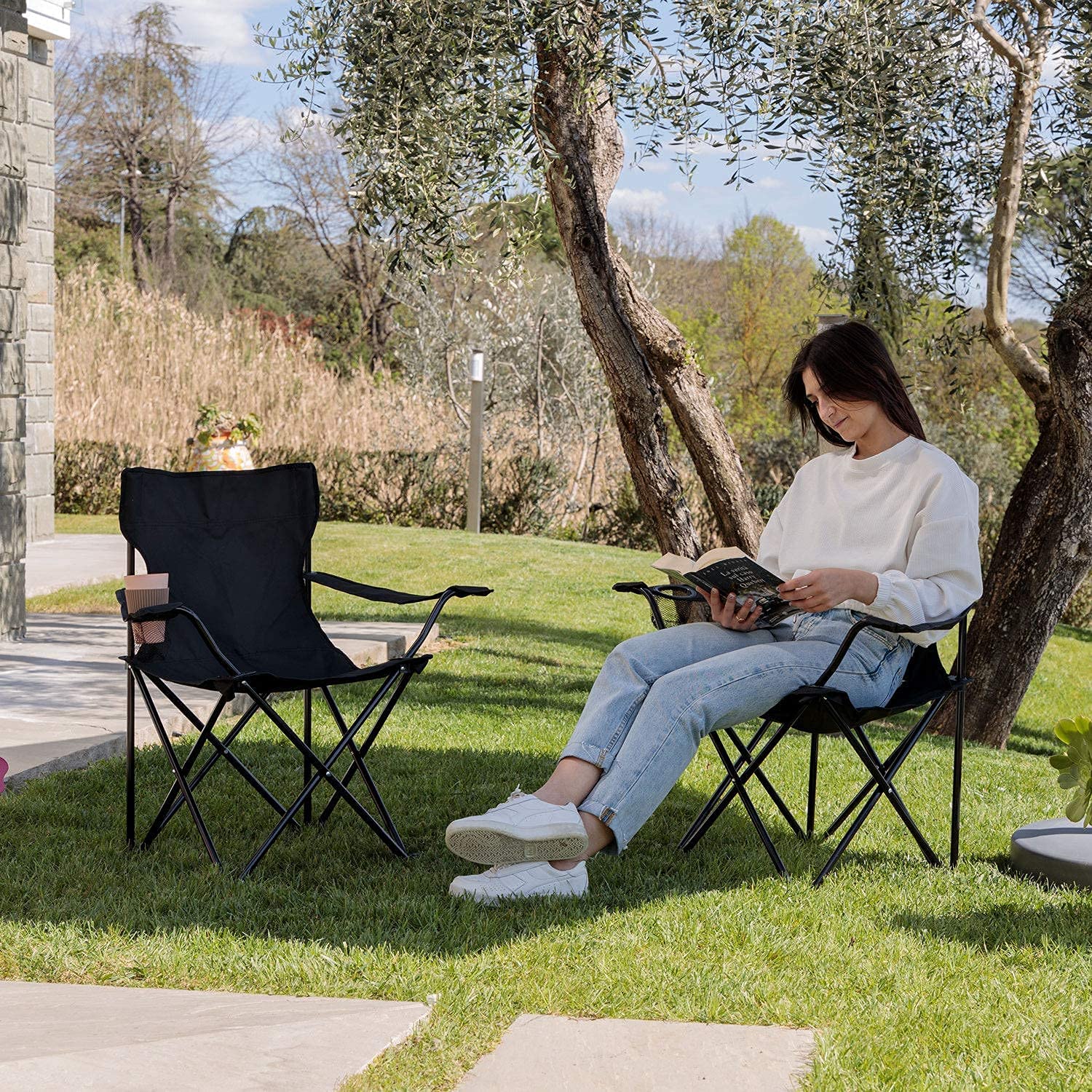 Baroni Home Sedia Campeggio Pieghevole da Esterno Giardino, Poltrona Campeggio Impermeabile, Sedia Camping Portatile, Seduta da Spiaggia e Pesca con Porta bibite 50x50x80 cm, Set 2 Nero