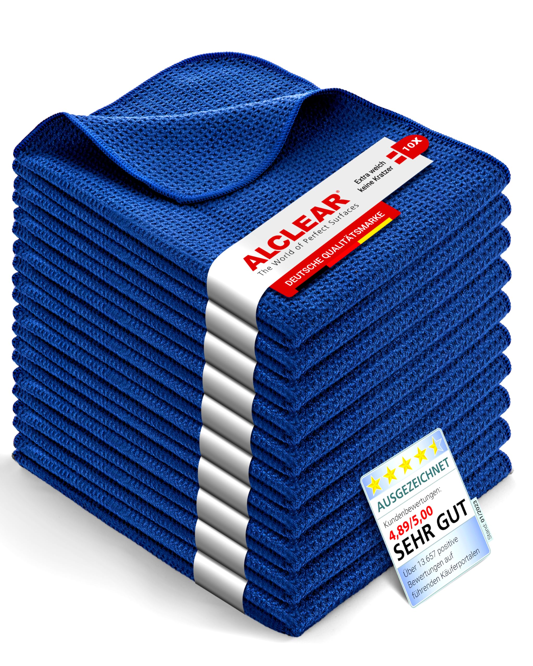 ALCLEAR 10820901 Trockenwunder Mikrofasertücher 10er-Set 60x40 cm saugstark | fusselfrei, mit Waffelstruktur, geeignet für Auto, Motorrad, Glas, Küche, Geschirr, waschbar, langlebig, navyblau
