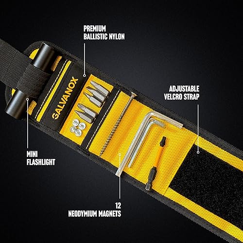 Miniatura 3 de Galvanox Pulsera magnética con luz de trabajo manos libres (3 modos) para sujetar tornillos, clavos y brocas, nailon duradero con potentes imanes,