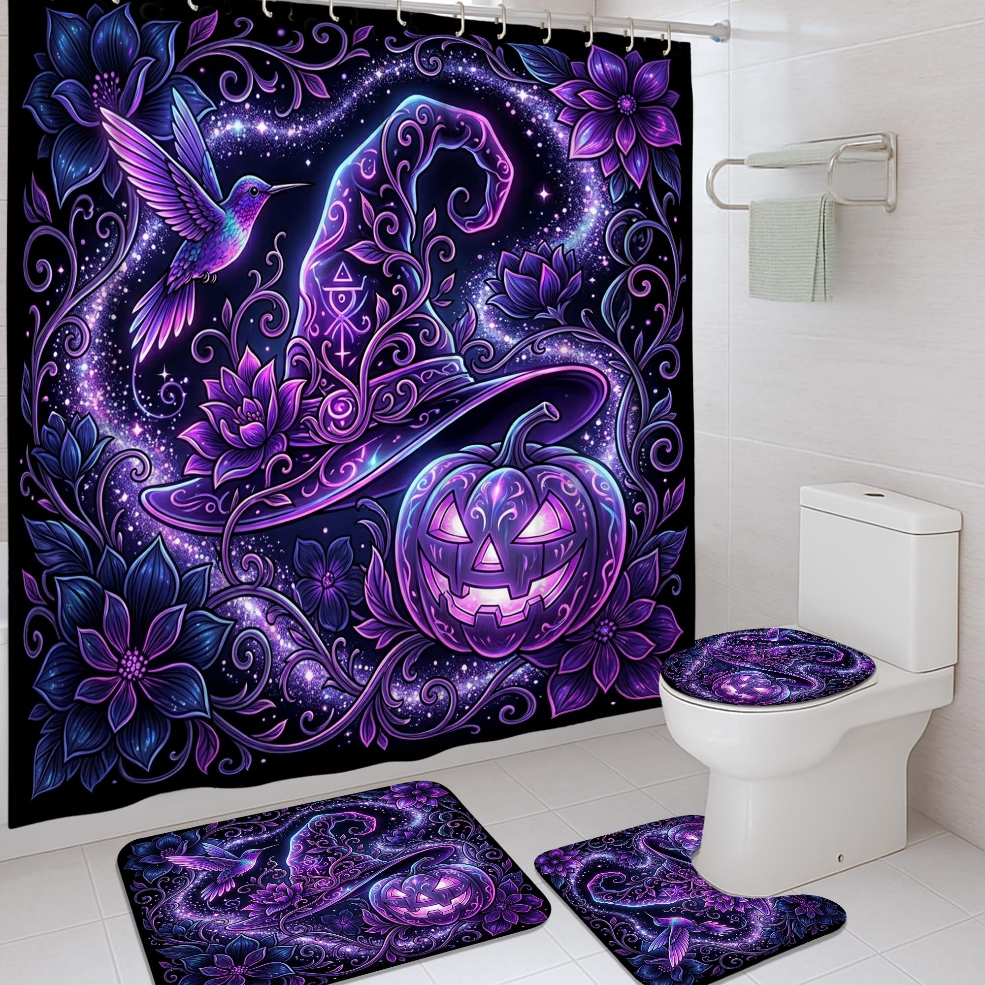 Rideau de douche en tissu haut de gamme fleurs d'Halloween violettes