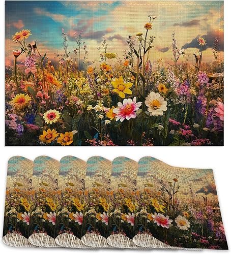 Colorful Wildflower Placemats Set of 6,Sunset Waterproof Non-Slip Washable Table