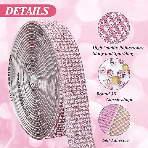 Miniatura 3 de Tiras autoadhesivas de diamantes de imitación de cristal rosa, 7 filas de 4 yardas con diamantes de imitación de 0.079 pulgadas para manualidades,