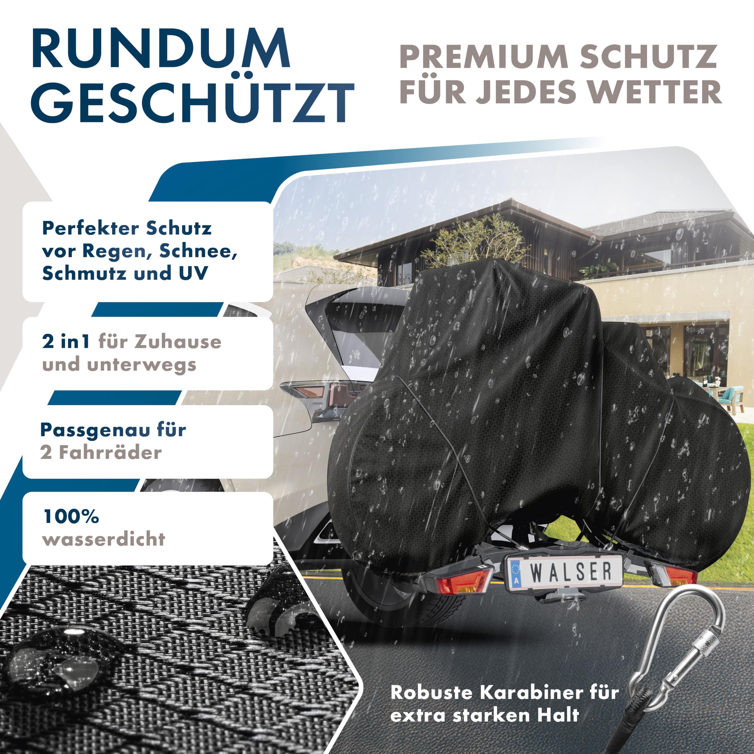 WALSER Fahrradabdeckung für 2 Fahrräder, 100% wasserdichte Fahrradschutzhülle für Fahrradträger - optimal für Wohnmobil/Bus, Fahrradgarage inkl. Spanngummi + Aufbewahrungstasche 210x80x115cm schwarz