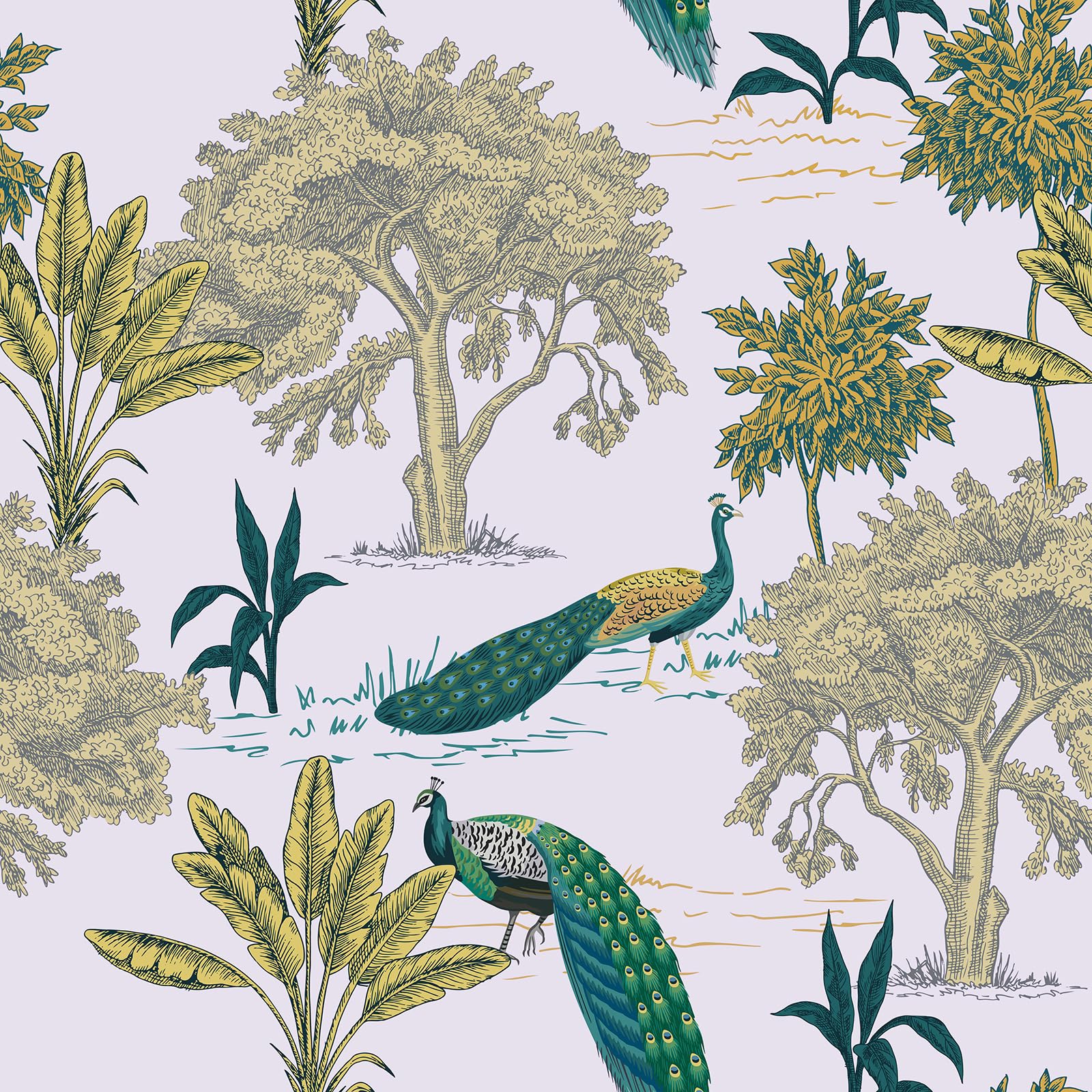 CRE8TIVE Chinoiserie Pfau Tapete Dschungel Tapete Weiß Gelb Folie für Möbel Blätter Grün Klebefolie für Badezimmer Fototapete Selbstklebend Schrankfolie Badezimmer Wasserfest 30.5cm x 300cm
