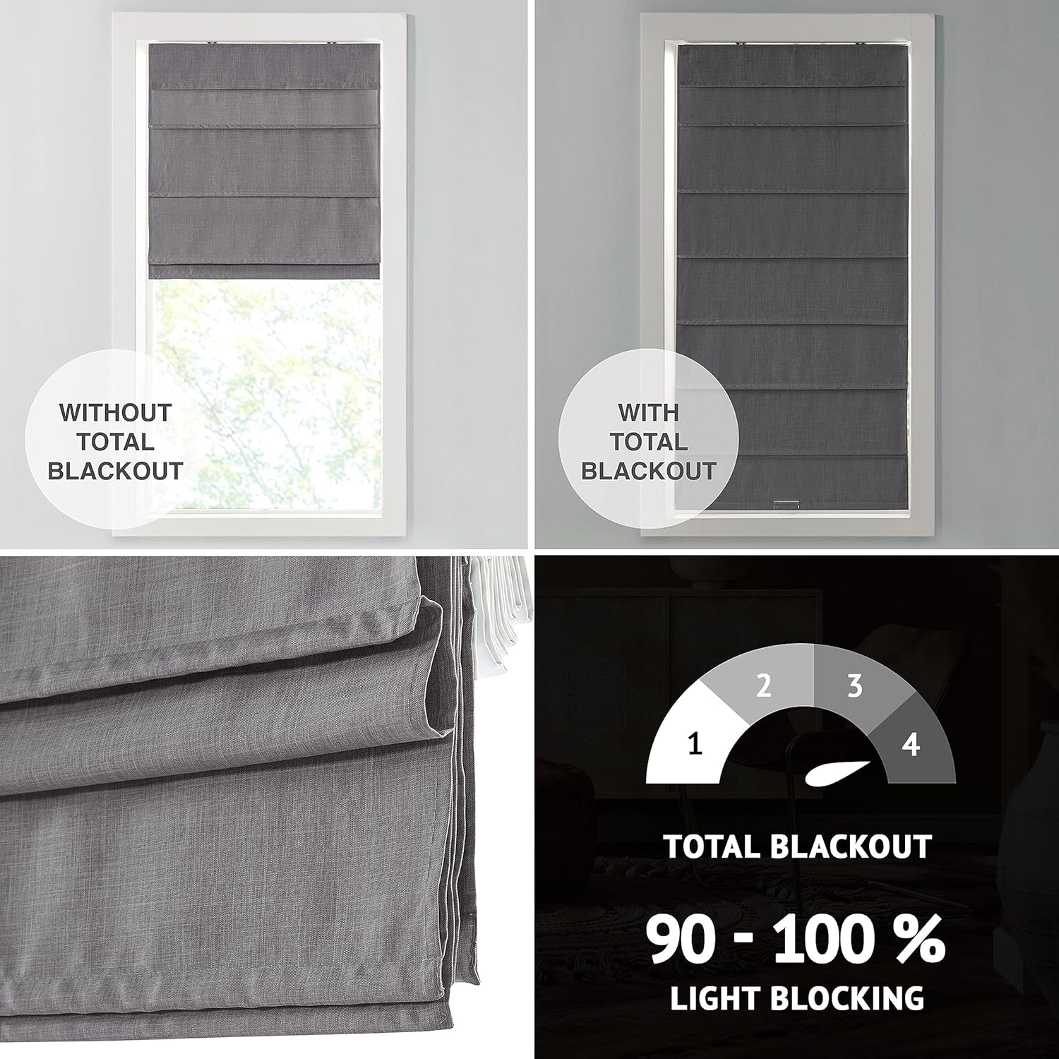 Madison Park Cordless Roman Shades Total Blackout Blinds, Linen-Like Fabric, Energy Efficient Thermal Insulated Roman Shades for Windows Blackout Total Privacy Window Blinds 27x64, Grey