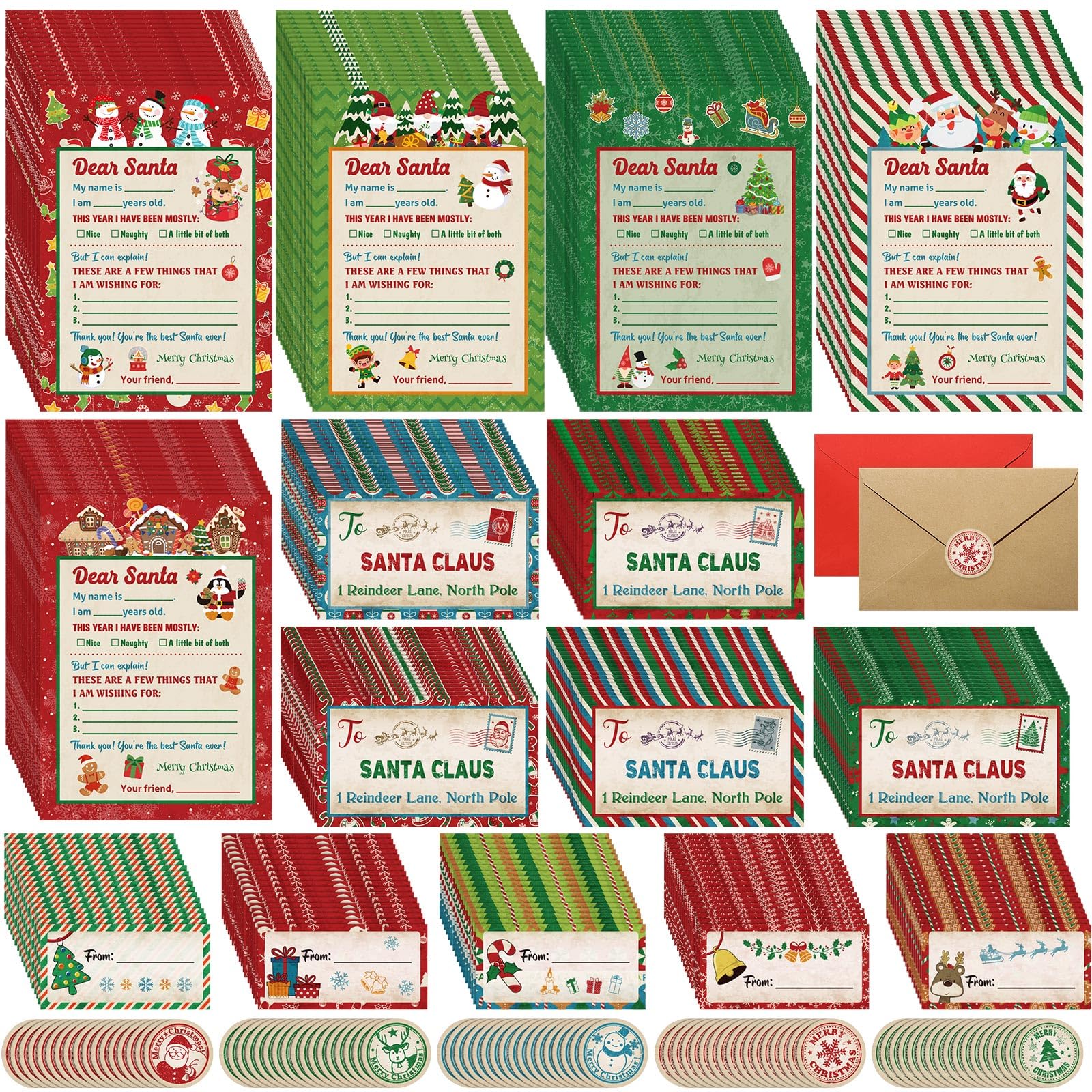 Containlol Kit de 900 lettres au Père Noël - Remplissez la carte vierge avec enveloppe et autocollant - 12,7 x 17,8 cm - Kit d'écriture de lettres au Père Noël pour liste de souhaits de Noël (rétro)