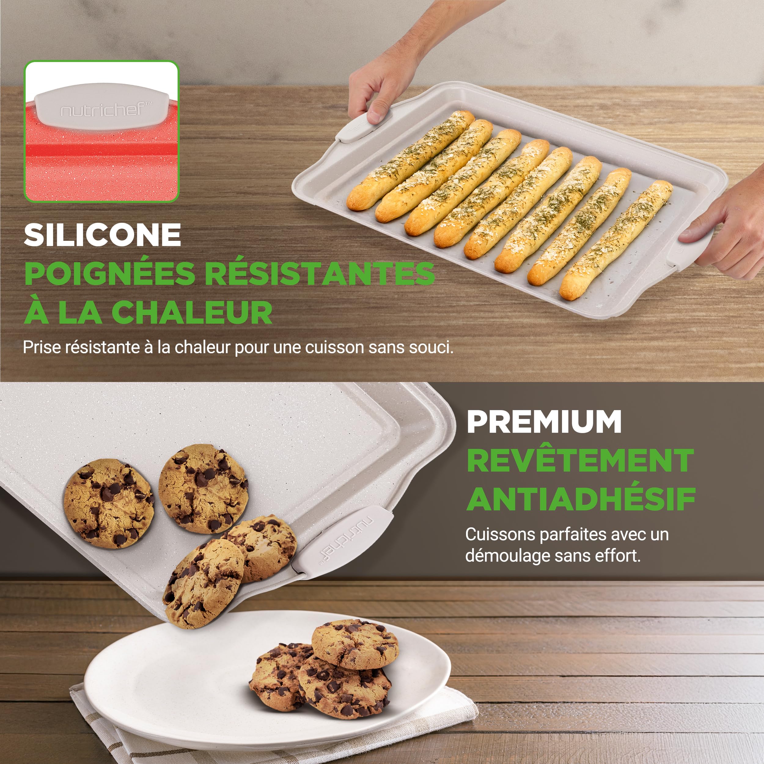 NutriChef Set de 3 Plaques à Pâtisserie Antiadhésives pour Biscuits - Poêles en Acier au Carbone de Haute Qualité avec Poignées en Silicone Noire - Répartition Uniforme de la Chaleur, Sans PFOA/PFOS/