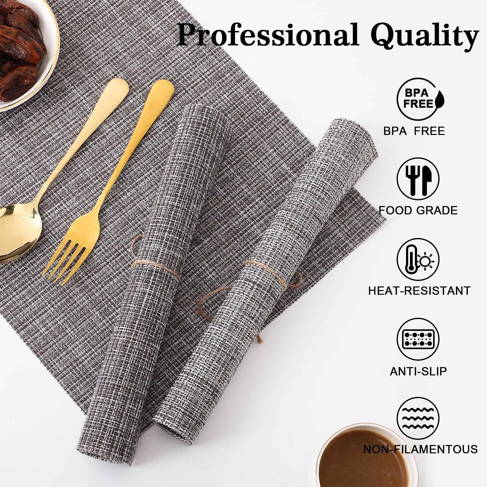Placemats Set of 6 Heat-Resistant Indoor Place Mats, Washable Durable PVC Vinyl Outdoor Table Mats for Dining Table Kitchen Restaurant Grey 18×12 Inch