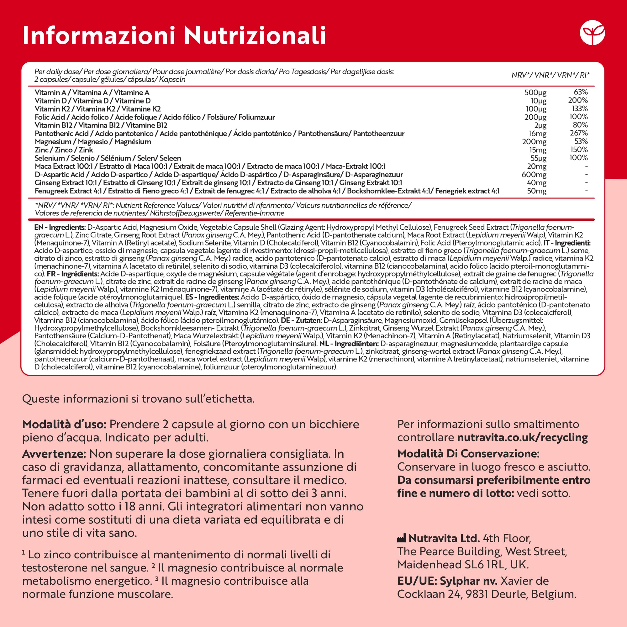 Nutravita Integratore Multinutriente con Ginseng, Maca, Fieno Greco, Zinco e Magnesio – 13 Ingredienti Attivi con Vitamine A, B12, D3 e K2 – 120 Capsule