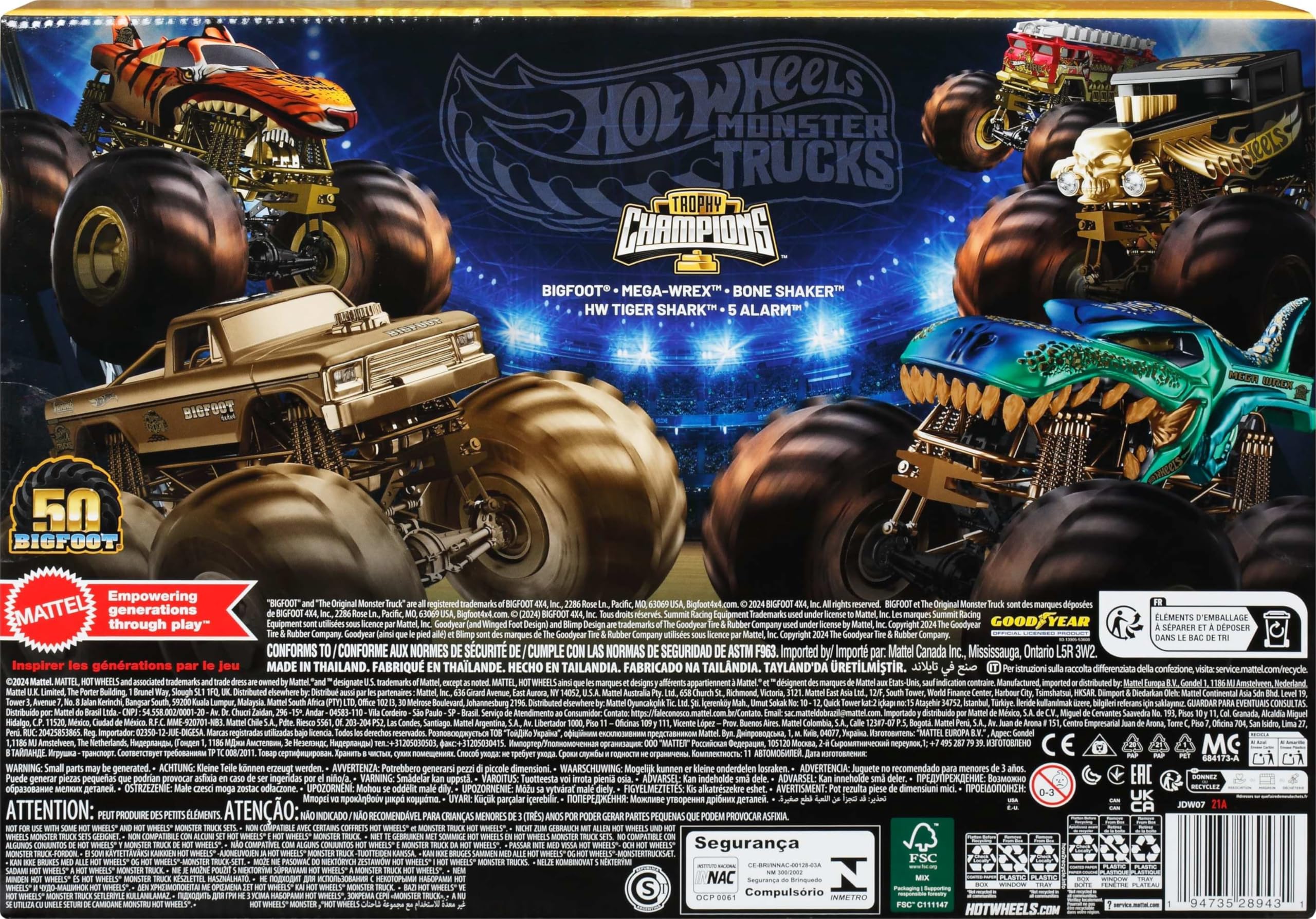 Hot Wheels Monster Trucks Campeones de trofeo Colección de coches y camiones, con vehículos metálicos: Bigfoot, 5-Alarm, Bone Shaker, Mega-Wrex y Tiger Shark, además de seis coches, JDW07 — view 6