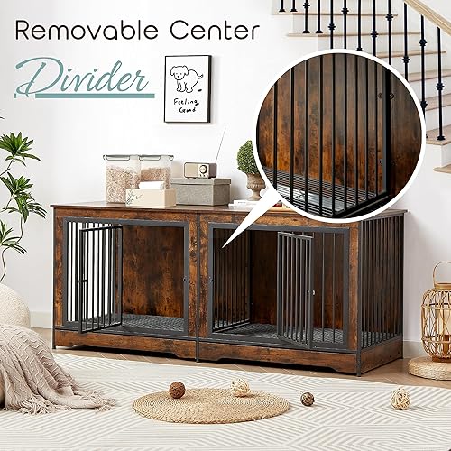 Miniatura 2 de Mueble grande de 75 pulgadas para perros grandes o 2 perros medianos, jaula de madera para perros con bandeja extraíble y divisor extraíble, soporte