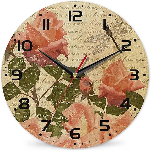 Reloj de pared con flores vintage con rosas y libélula, silencioso sin tictac, funciona con pilas, 10 pulgadas, decoración del hogar para sala de