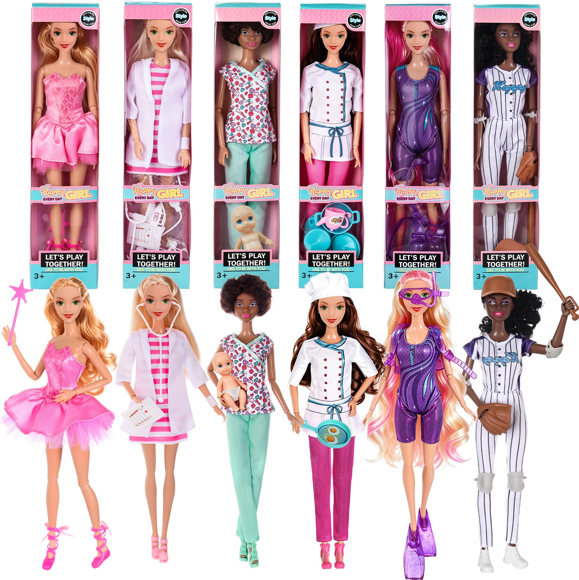 ebuddy Fashion 6 Pack 11.5 inch American Toy Prinecess Black Dolls with Six Unique Design and Accessories Playset, Present for Kids 3+ (Gift Box Package)