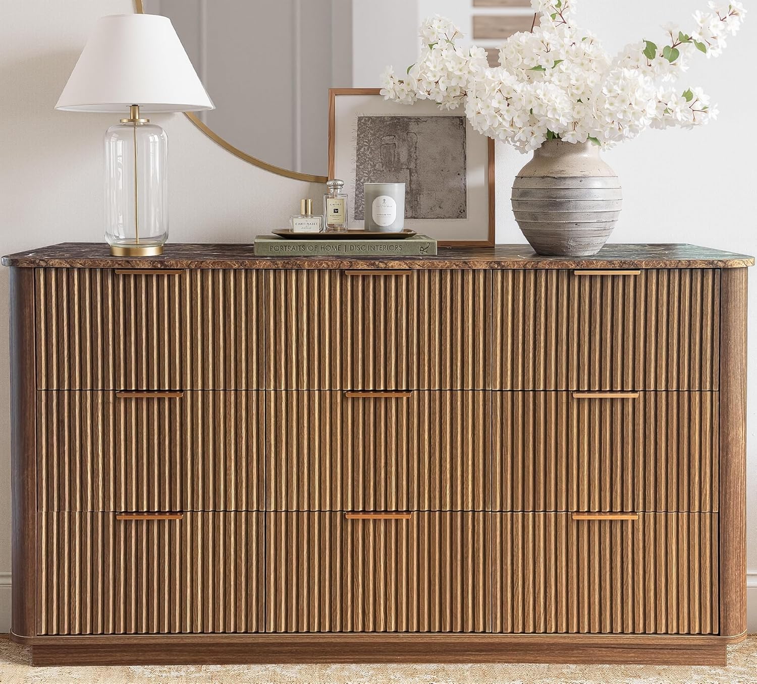 55" Fluted Dresser for Bedroom, Mid Century Modern 9 Drawers with Marble Pattern Top & Curved Edge, Wood Chest of Drawers & TV Stand Dresser with Large Storage, Bedroom Furniture, Walnut