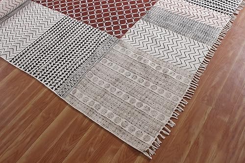 Miniatura 6 de CASAVANI Colección - Alfombra cuadrada de algodón marrón Dhurrie geométrica Kilim de 4 pies, para uso en interiores y exteriores, alfombras de