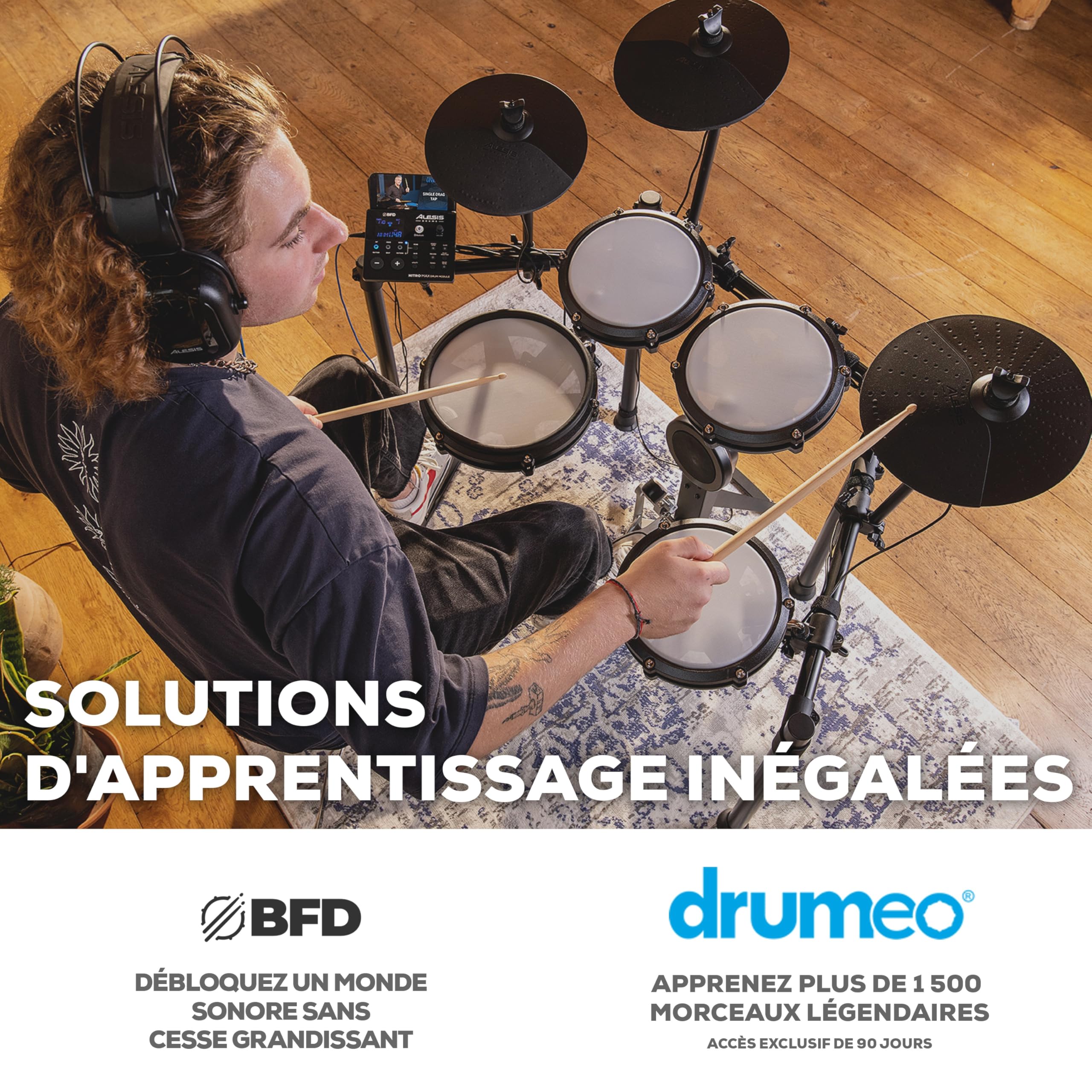 Alesis Nitro Max Kit Batterie Électronique avec Pads en Maille Silencieuse, Caisse Claire 10" Dual Zone, Bluetooth, 440+ Sons Authentiques, Drumeo, USB MIDI, Pédale de Kick