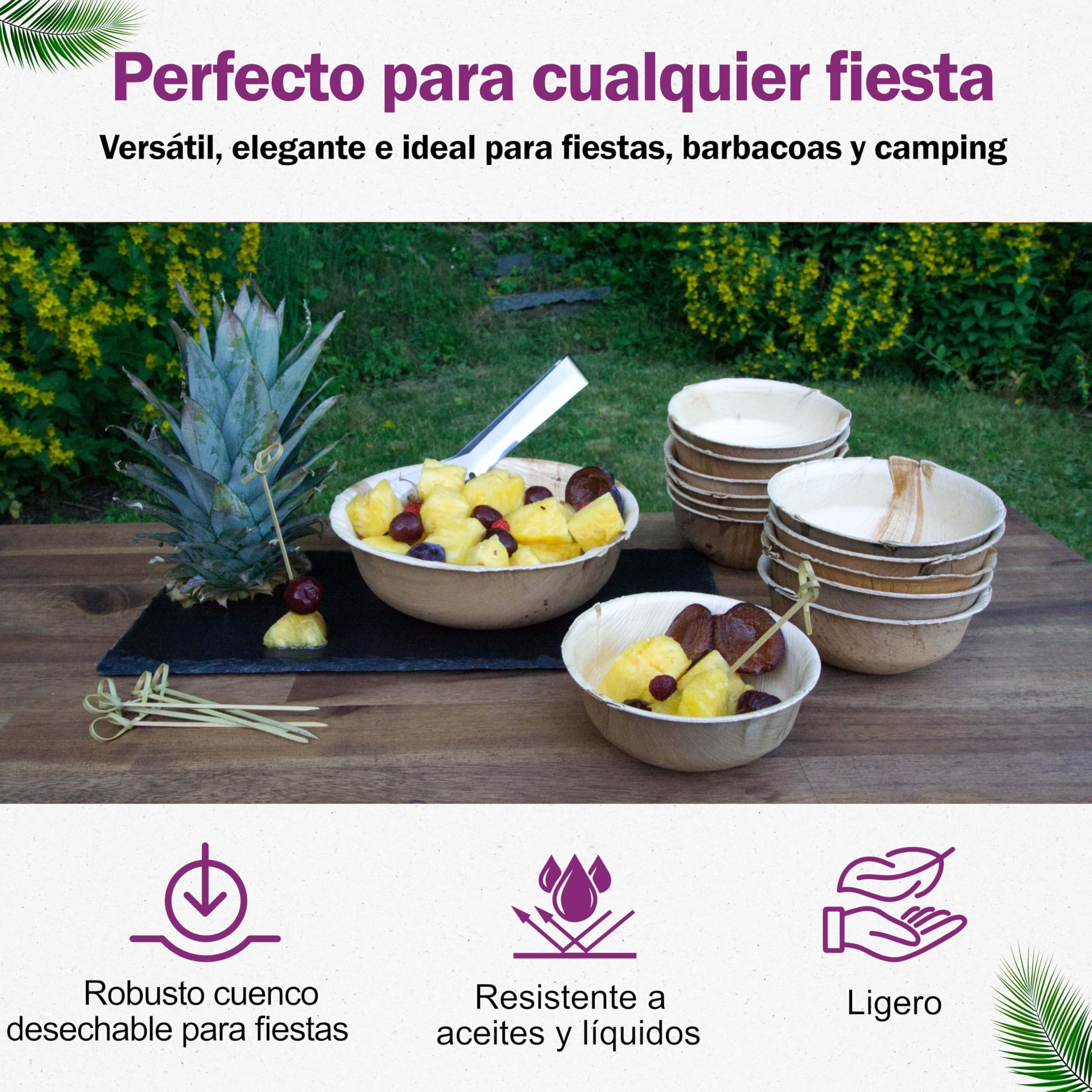 25 Cuencos Desechables de Hoja de Palma Orgánicos - 11 cm/ 200 ml - Vajilla Ecológica Elegante - Estable, Natural y Compostable - Menaje para Aperitivos o Fiestas - Estilo Madera