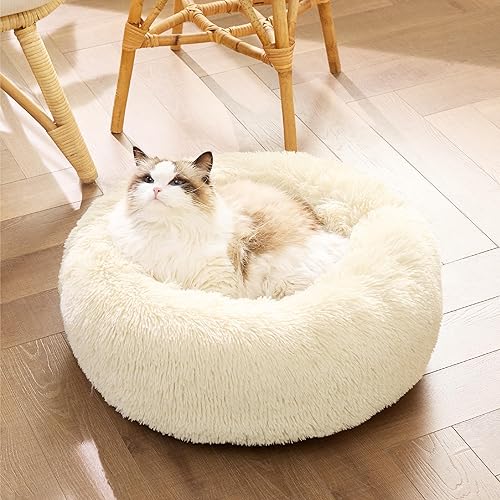 Vista 224 de Bedsure - Cama relajante para perros medianos, lavable, tipo dona, cama para gato, antideslizante, redonda, afelpada, mullida, de piel sintética