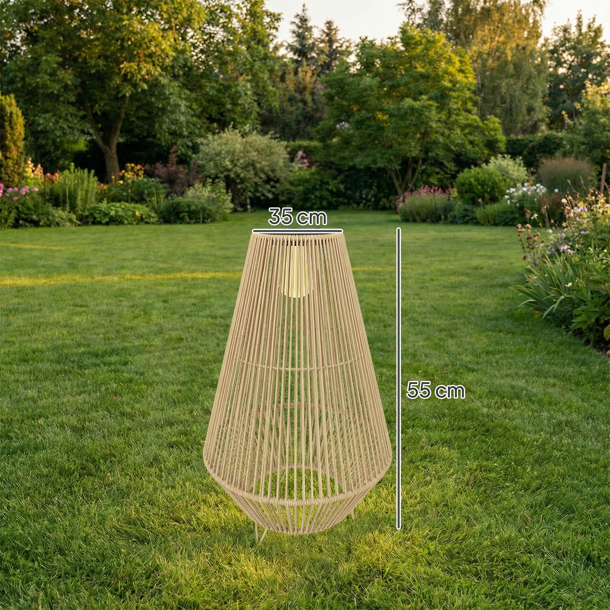 Outsunny - Linterna solar exterior de resina trenzada, lámpara de pie inalámbrica recargable con sensor de luz, lámpara de pie LED exterior, para jardín patio terraza, amarillo