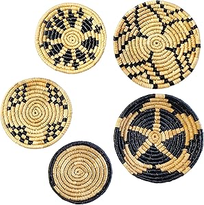 Hanging Woven Wall Basket Decor - Wicker Wall Baskets Decor Boho Flat set of 5 – Rattan Wall Decor Art - African Baskets For Wall - Seagrass Basket Round Boho Wall Decor 10” to 13.9”