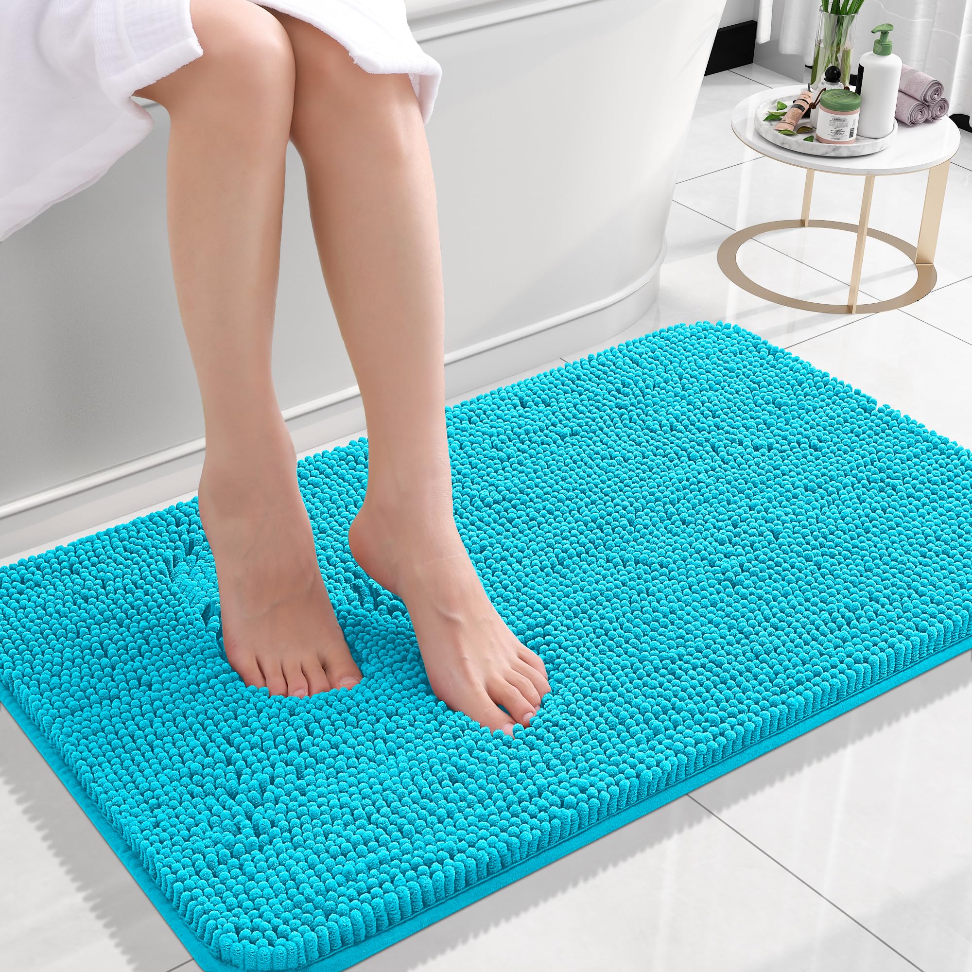 OLANLY Small Bathroom Rugs 24x16, Extra Soft Absorbent Chenille Bath Rugs, Rubber Backing Quick Dry, Machine Washable Bath Mats for Bathroom Floor, Tub and Shower, Home Decor Accessories, Aqua Sky | Aqua Sky, Quick-Drying Rubber Backing, Machine Washable Bath Mat for Bathroom Floor, Tub and Shower, Home Decor Accessories