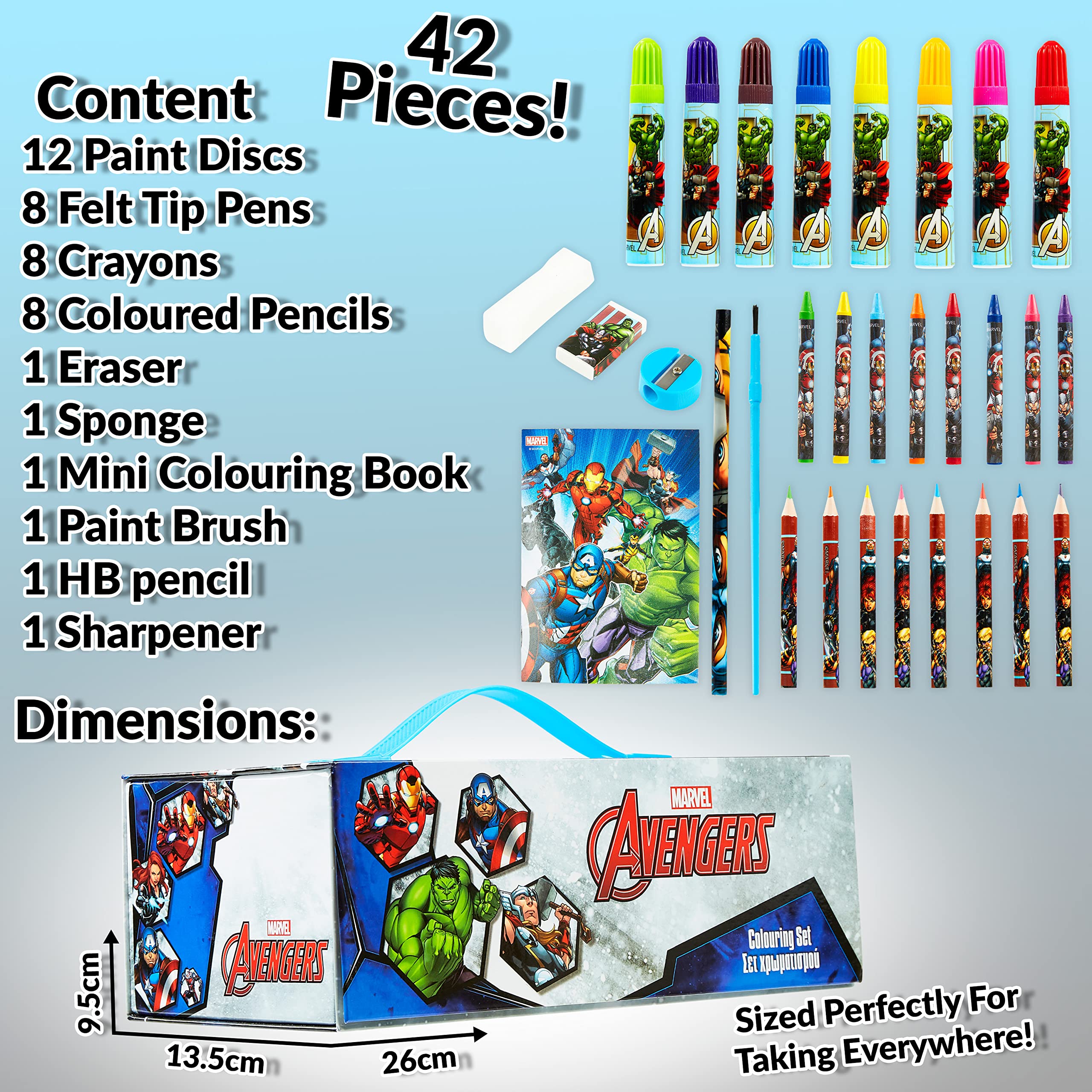 Marvel Aktówka Farby dla dzieci Spiderman Avengers z woskiem i kolorowymi kredkami 40+ sztuk (wielokolorowy Avengers)