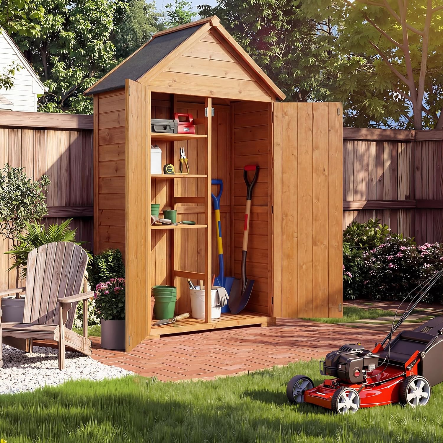 Wooden Outdoor Storage Cabinet with 3 Shelves & Floor - Waterproof Lockable Garden Tool Shed for Patio, Backyard, Deck, Lawn Organization Tall Wood Shed with Floor and Waterproof Roof
