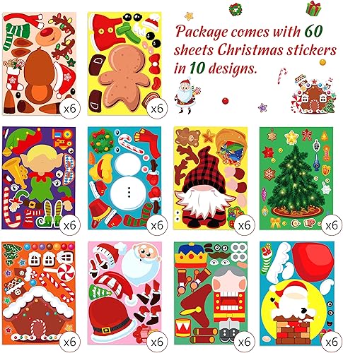 Miniatura 4 de 60 hojas de calcomanías de Navidad para niños, Make-a-ElfCascanuecesGnomosCasa de pan de jengibreSantamuñeco de nieveárbol de Navidad, rellenos de