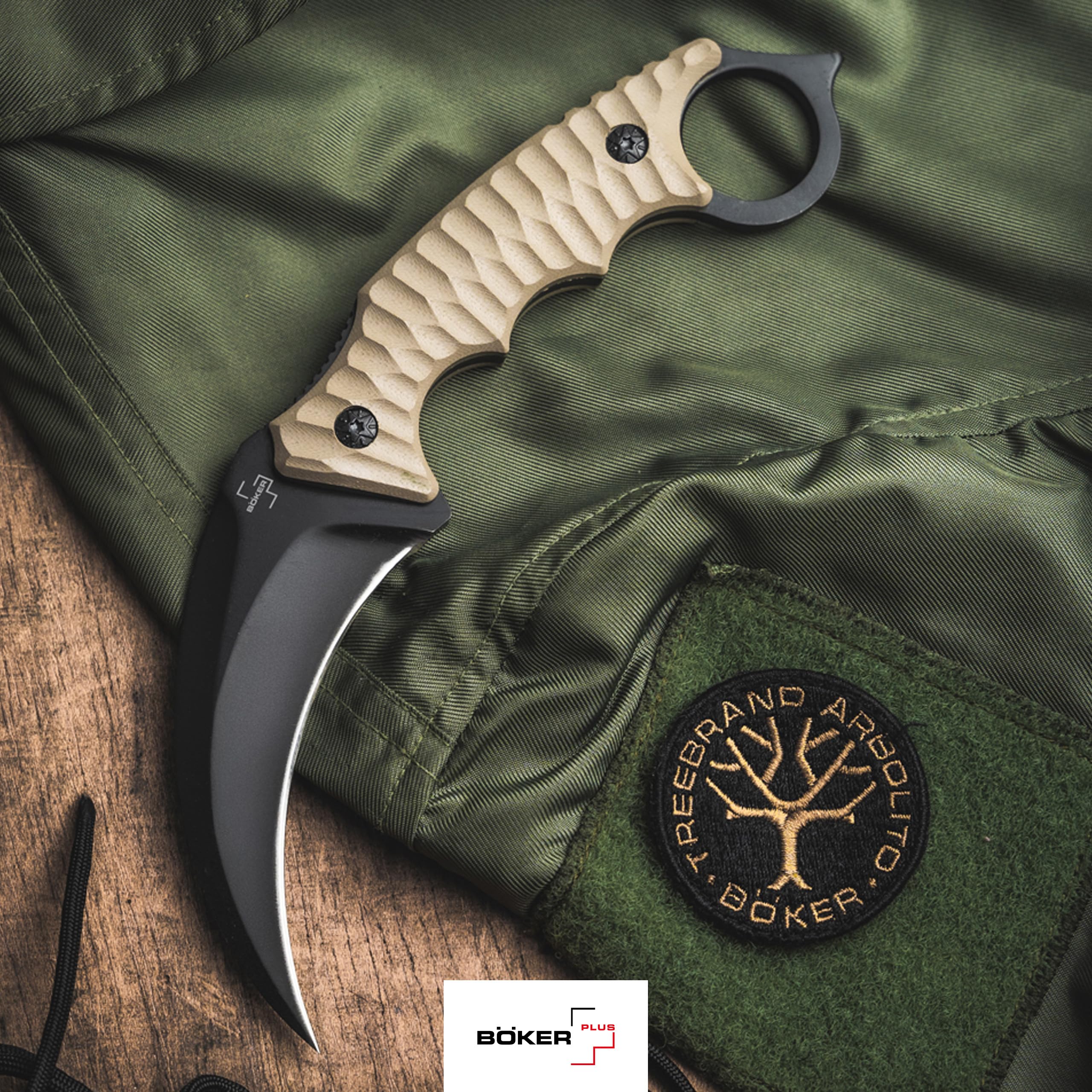 BÖKER PLUS Spike Karambit - Karambit Messer scharf - Fulltang Knife mit Sichel-Klinge schwarz - Hawkbill Messer mit Kydex-Scheide & Gürtel-Adapter - Profi Gürtelmesser mit Ring am G10 Griff-Ende