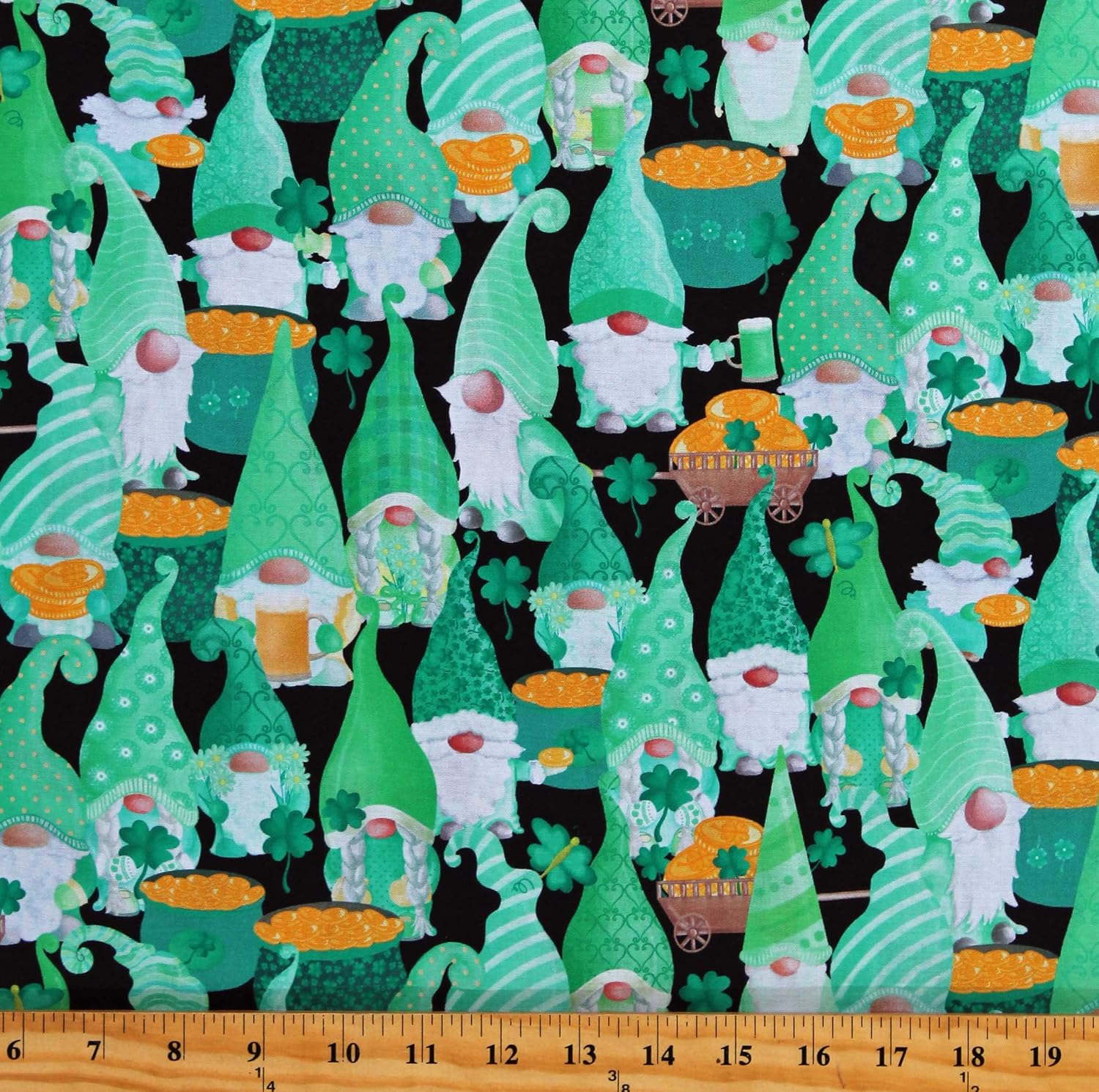 Fields Cotton Lucky Gnomes Saint Patrick's Day Shamrocks Pots of Gold Happy Go Lucky Multicolor Cotton Fabric Print by The Yard (D567.98), 44 Inches