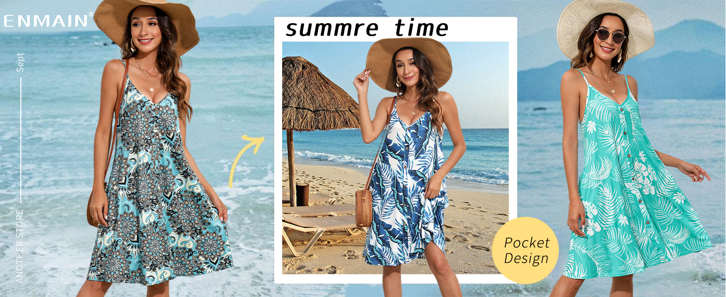 Robe D'Été Femme Enmain - Imprimé Fleurs Bretelles Spaghetti - Longueur Genoux Avec Poches - Taille S-XXL