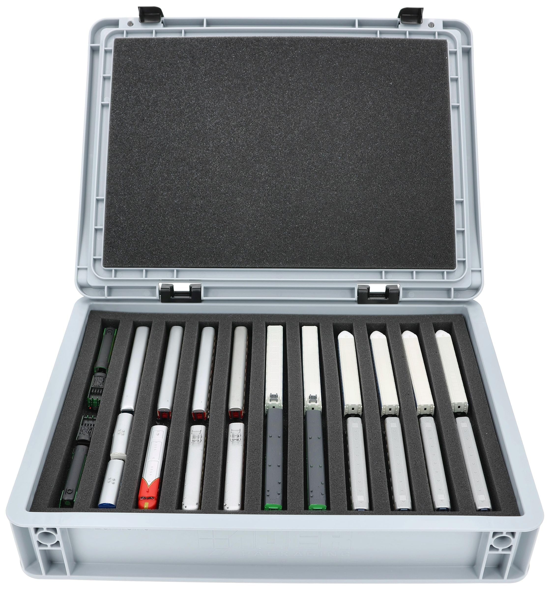 Feldherr Eurobox 40 x 30 cm Set für Modelleisenbahnen - Spur Z - 11 Fächer - Schaumstoffeinlage für stehende Aufbewahrung - kompakte Transportlösung für Loks und Waggons