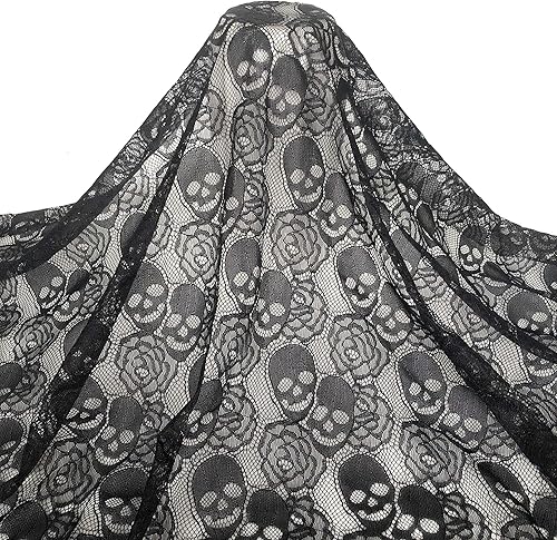 Tela de encaje de calavera negra, 59 x 72 pulgadas, encaje de tela no elástica, tela de encaje floral para mantel, cortinas, superposición de