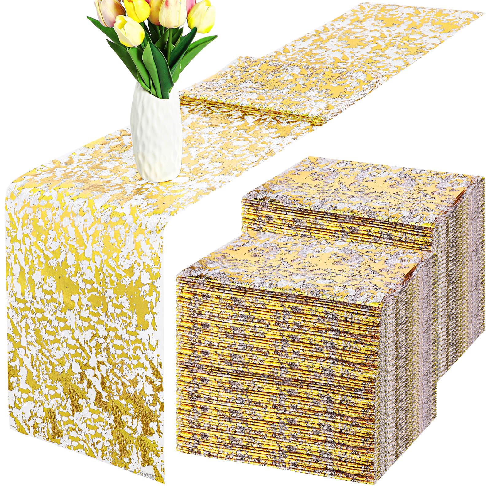 Newwiee 24 caminos de mesa metálicos delgados de 11 x 79 pulgadas, tela de malla con purpurina, manteles rectangulares de mesa de comedor, decoración para boda y cumpleaños (dorado)