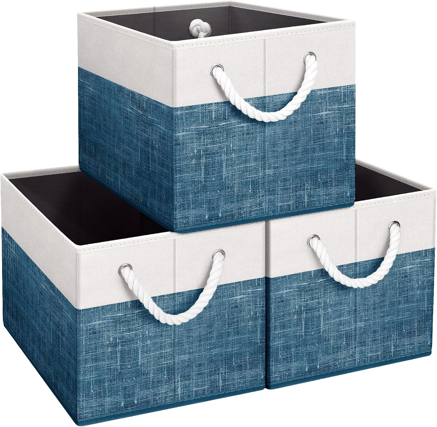 Fab totes Storage Bins [3-Pack], Foldable Storage Baskets for Organizing Toys, Books, Shelves, Closet, Large Storage Box with Rope Handles, Sturdy Organizer Bins, White & Blue