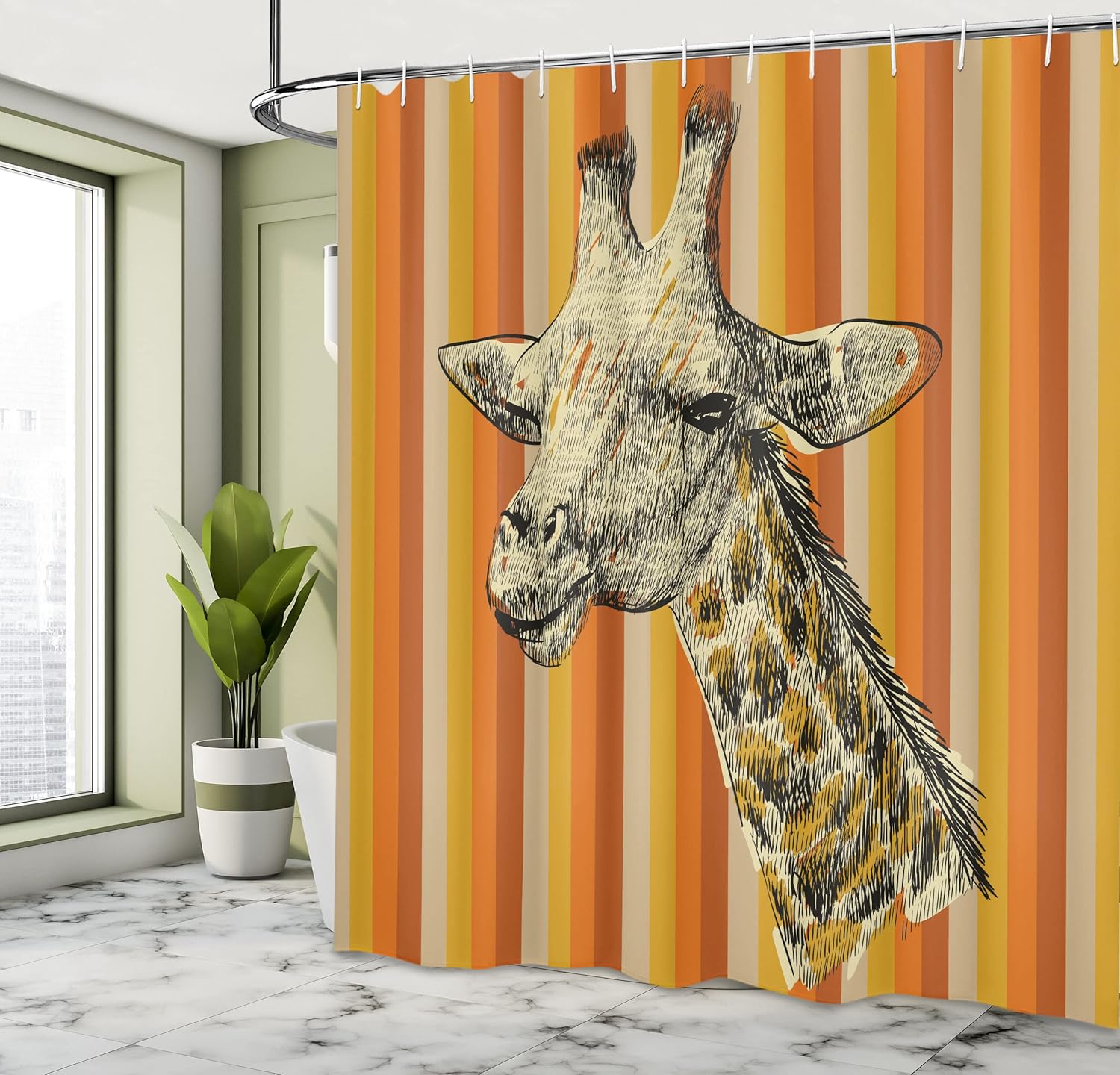 Ambesonne Giraffe Shower Curtain, Sketch Style Image Portrait of Hipster Animal Zoo Savannah Wildlife Themed, Cloth Fabric Bathroom Decor Set with Hooks, 69" W x 84" L, Cream Apricot Earth Yellow