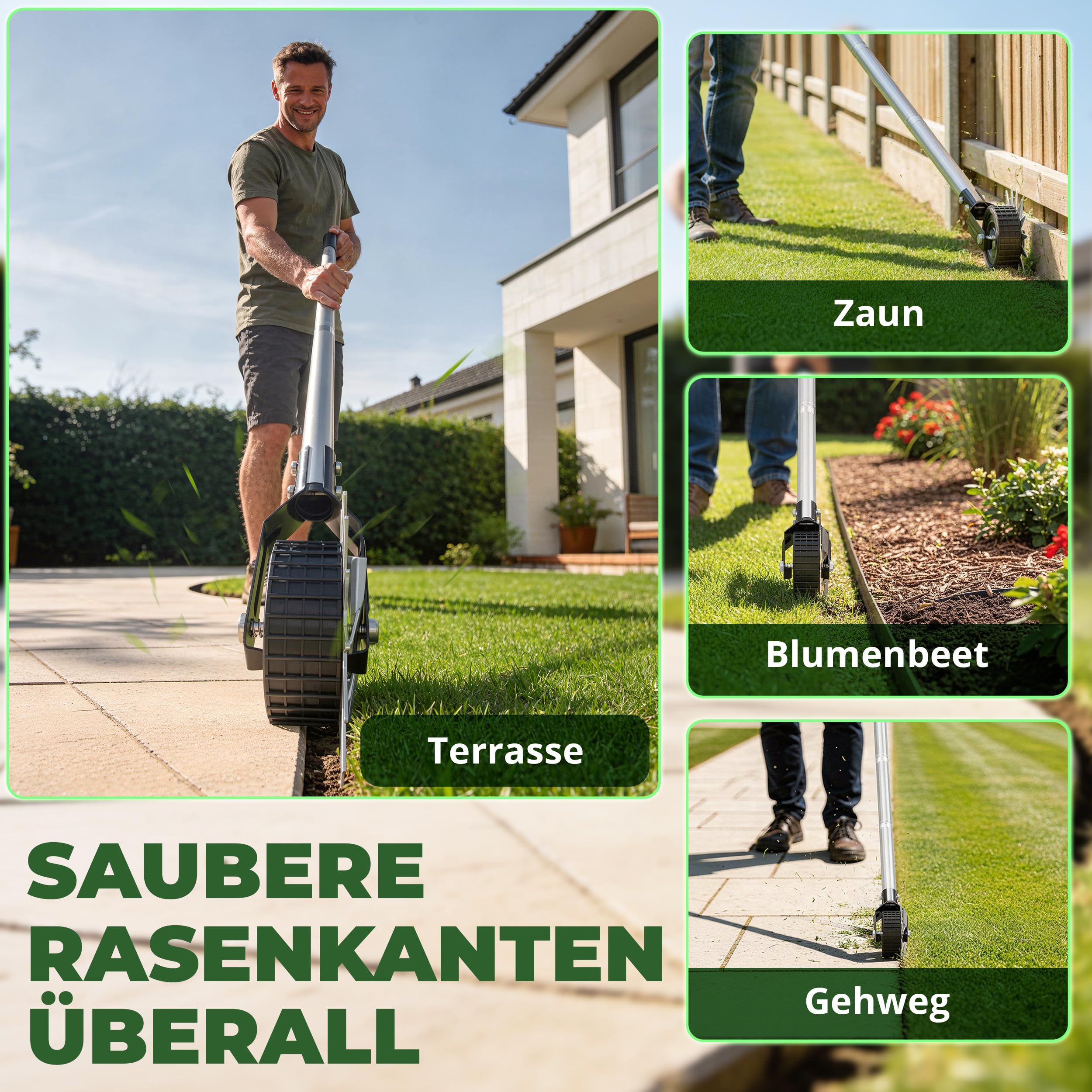 Rasenkantenschneider – Verstellbarer Edelstahl-Handgriff, Ergonomisch, gut ausbalancierte Rollen, Inklusive Schleifmesser