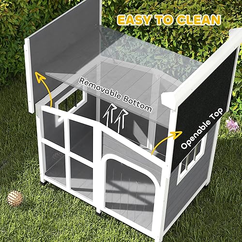 Miniatura 4 de PawHut Casa de madera para perros grandes al aire libre con techo abierto y ventana gigante, casa para perros grandes para exteriores e interiores,