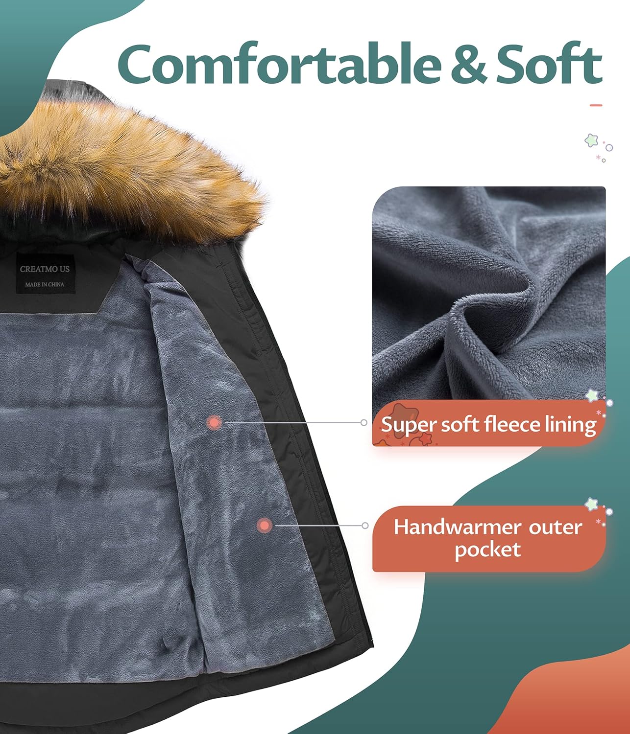 CREATMO US Boy's Winter Parka Water Resistant Hooded Puffer Fleece Lined Jackets Coats - Image 3