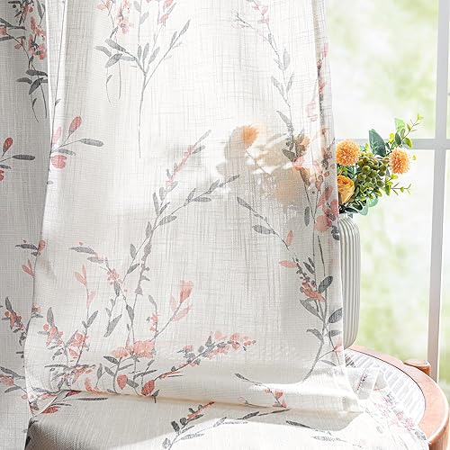 Miniatura 6 de Mysky Home Cortinas traslúcidas de lino, 45 pulgadas de largo, dormitorio, cocina, florales, semiverticales, textura, estilo floral, decoración del