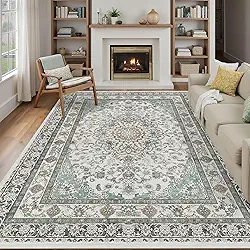 Tapetes de área laváveis cinza persa 20 x 25 para sala de estar, tapete grande vintage para quarto, sala de jantar embaixo da mesa, tapete antiderrapante de pelo baixo, tapete macio (20 x 25 cinza