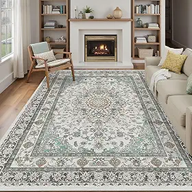 Tapetes de área laváveis cinza persa 20 x 25 para sala de estar, tapete grande vintage para quarto, sala de jantar embaixo da mesa, tapete antiderrapante de pelo baixo, tapete macio (20 x 25 cinza
