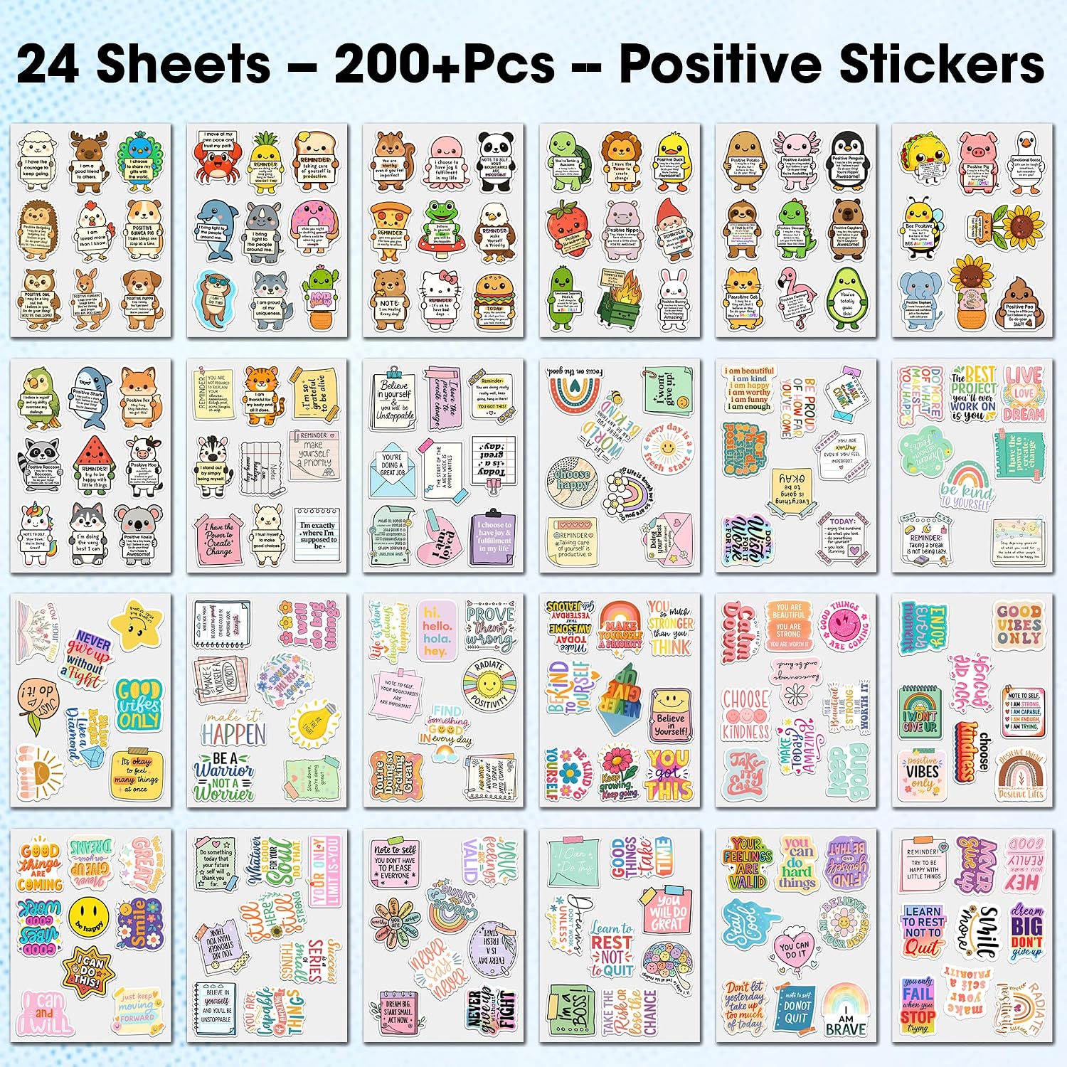 205PCS Kawaii Positive Affirmation Stickers | Cute Animals & Self-Care Quotes, Aesthetic Stickers for Laptop, Water Bottle, Planner & Journal image 2