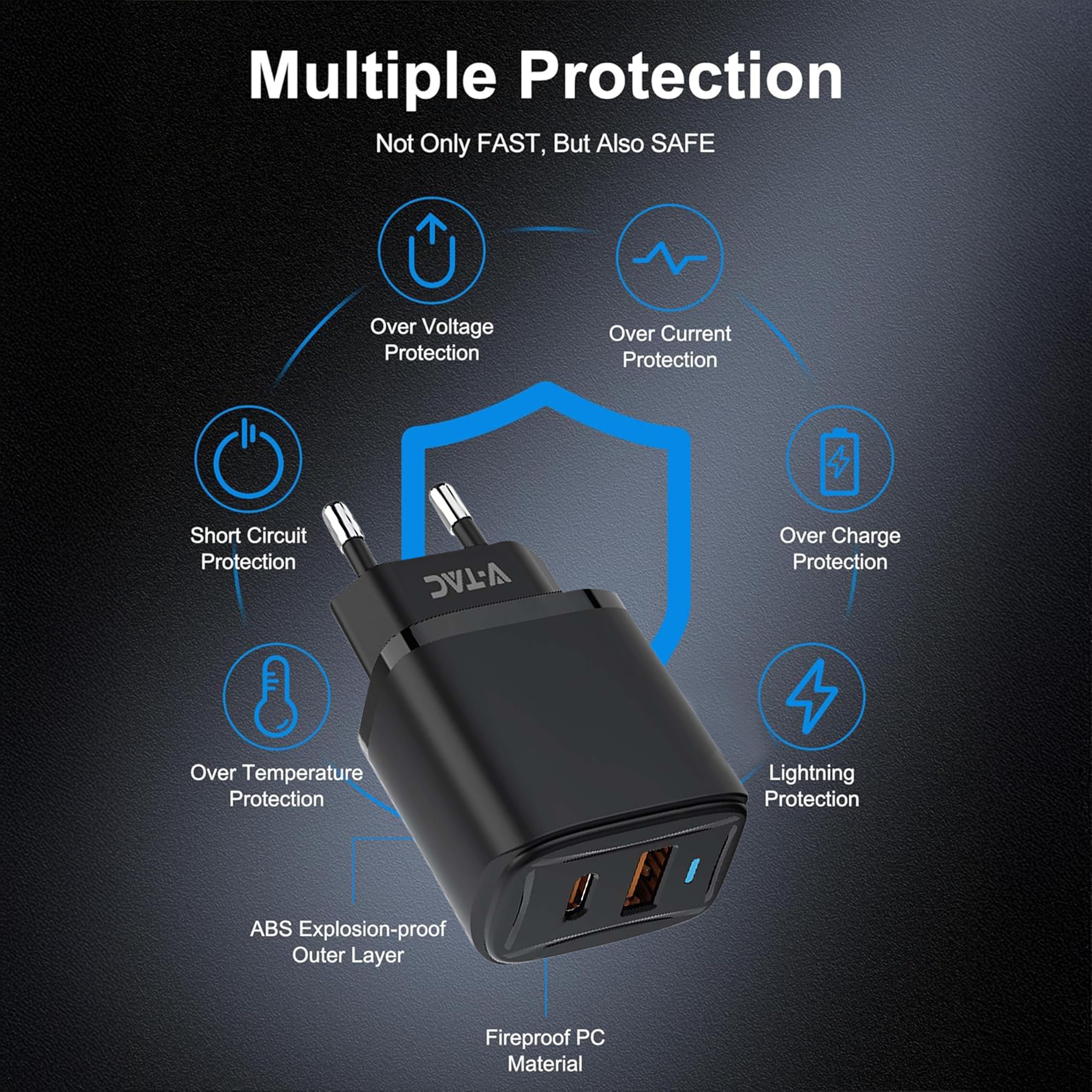 V-TAC Caricatore Rapido USB-C 20W per Iphone e Samsung – [SUPER PICCOLO] - per Smartphone e Dispositivi – 2 Porte: Type C + USB A - Compatibile Iphone 14/15/16/17 PRO/MAX e Galaxy S25 / S26 / A56
