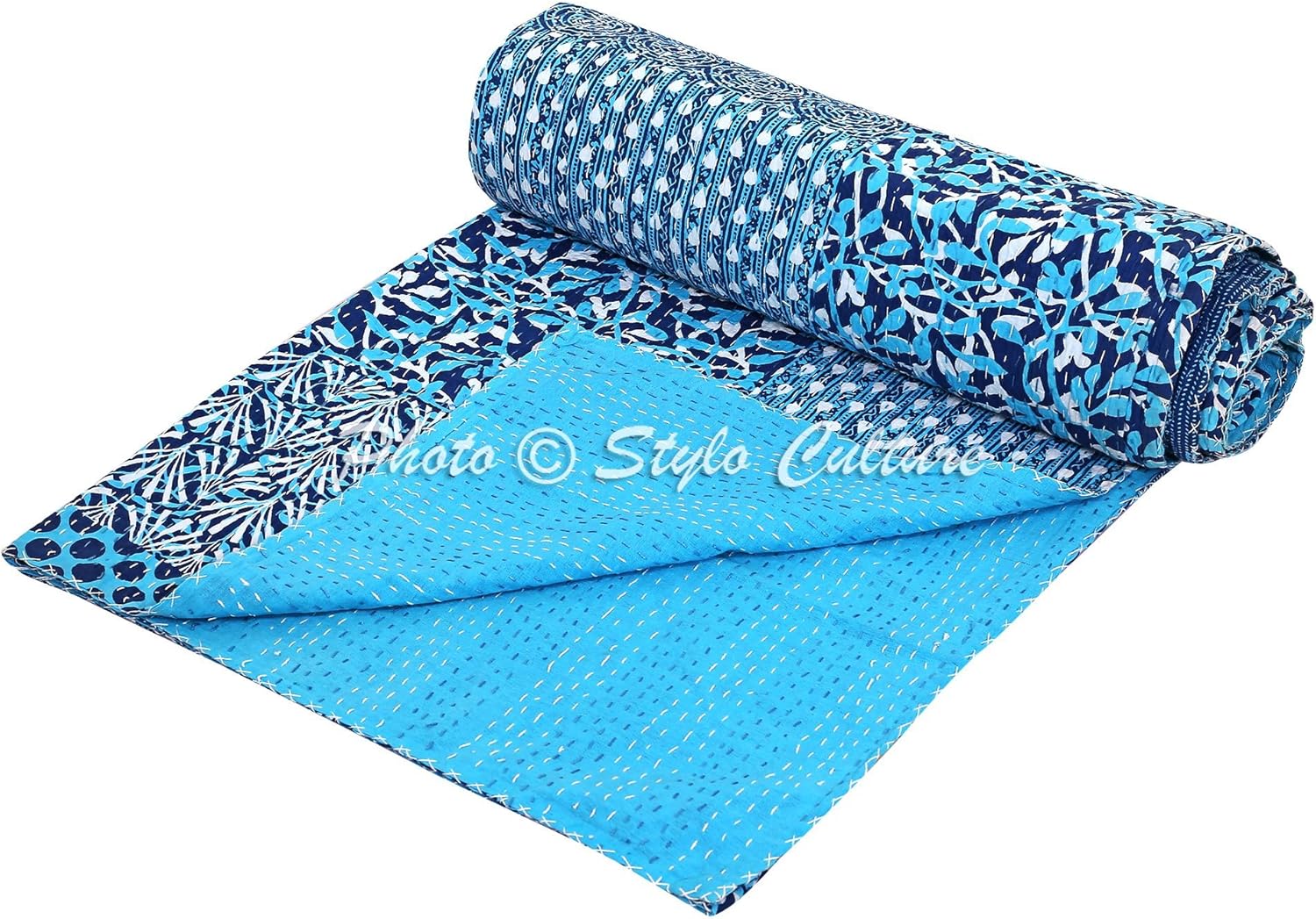 Kantha Quilt Queen Kantha Quilt Throw Indian Blue Cotton Floral Hand Stitched Blanket Bedding Bed Cover