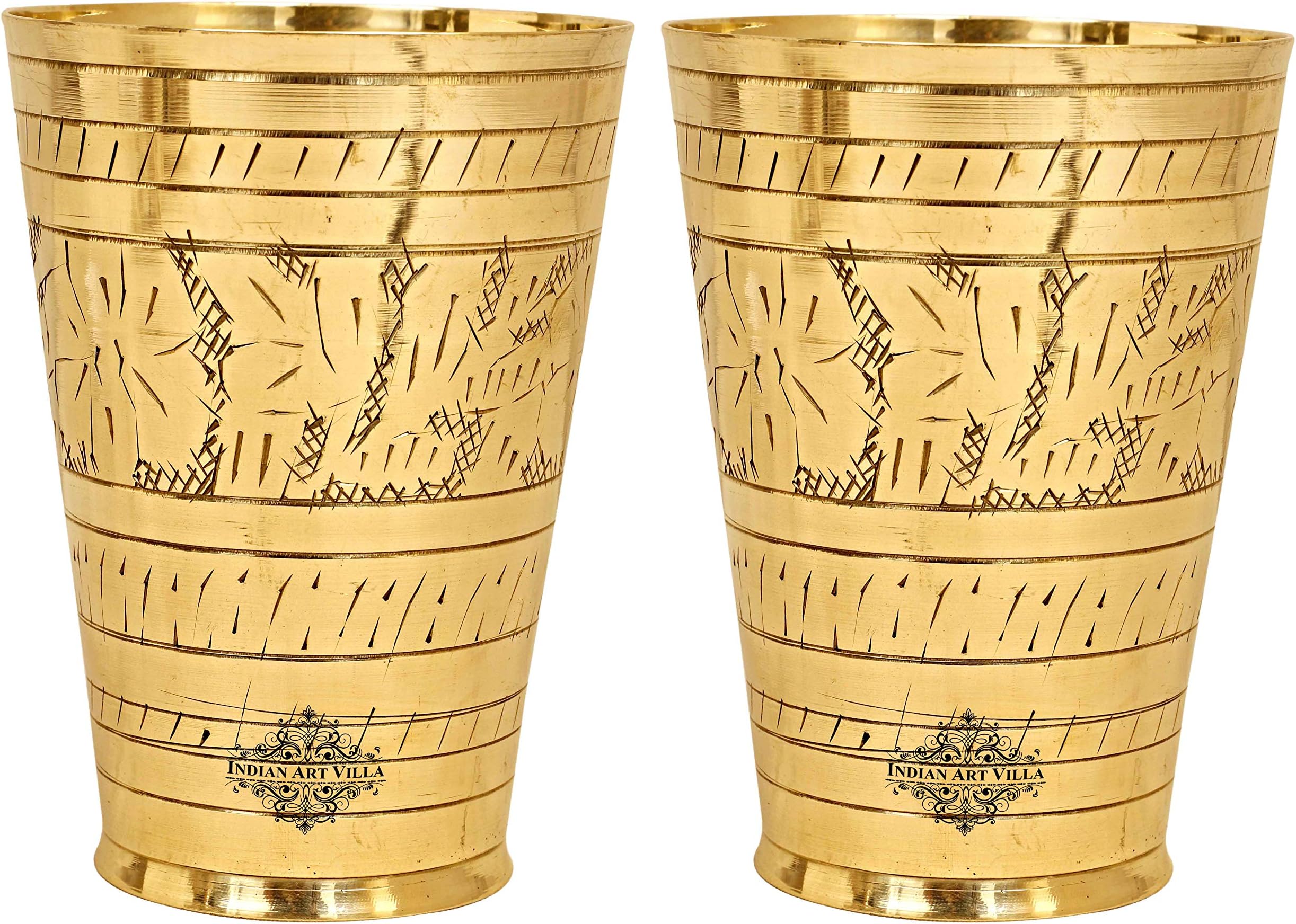 INDIAN ART VILLA Set of 2 Brass Lassi Glass with Embossed Design, Drinkware & Serveware for Lassi, Milk, and Water, Height-5" Inches, Volume-550 ml