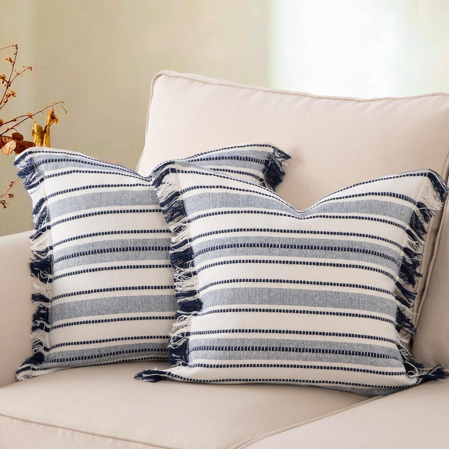 Spring Throw Pillow Covers 24x24 Set of 2, Striped Pillow Covers with Tassel Boho Cushion Cover Cotton Decorative Square Pillowcase for Sofa Couch Bed Living Room Neutral Decor, Blue