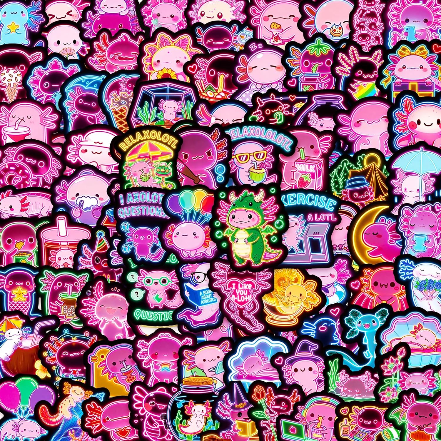 120PCS Neon Axolotl Stickers Pack, Cute Cartoon Salamander Stickers Waterproof Vinyl Decals for Laptop Water Bottles Phone Luggage Car, Axolotl Gifts Birthday Decorations, Party Favors